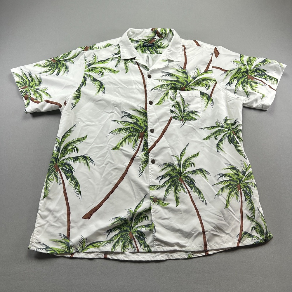 Pashartuk Hawaiian Shirt Mens 3XL White Tropical Camping Side Slit Button Up